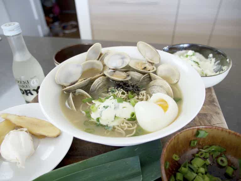 Garlic Clam Ramen Topped with Whipped Leek Butter